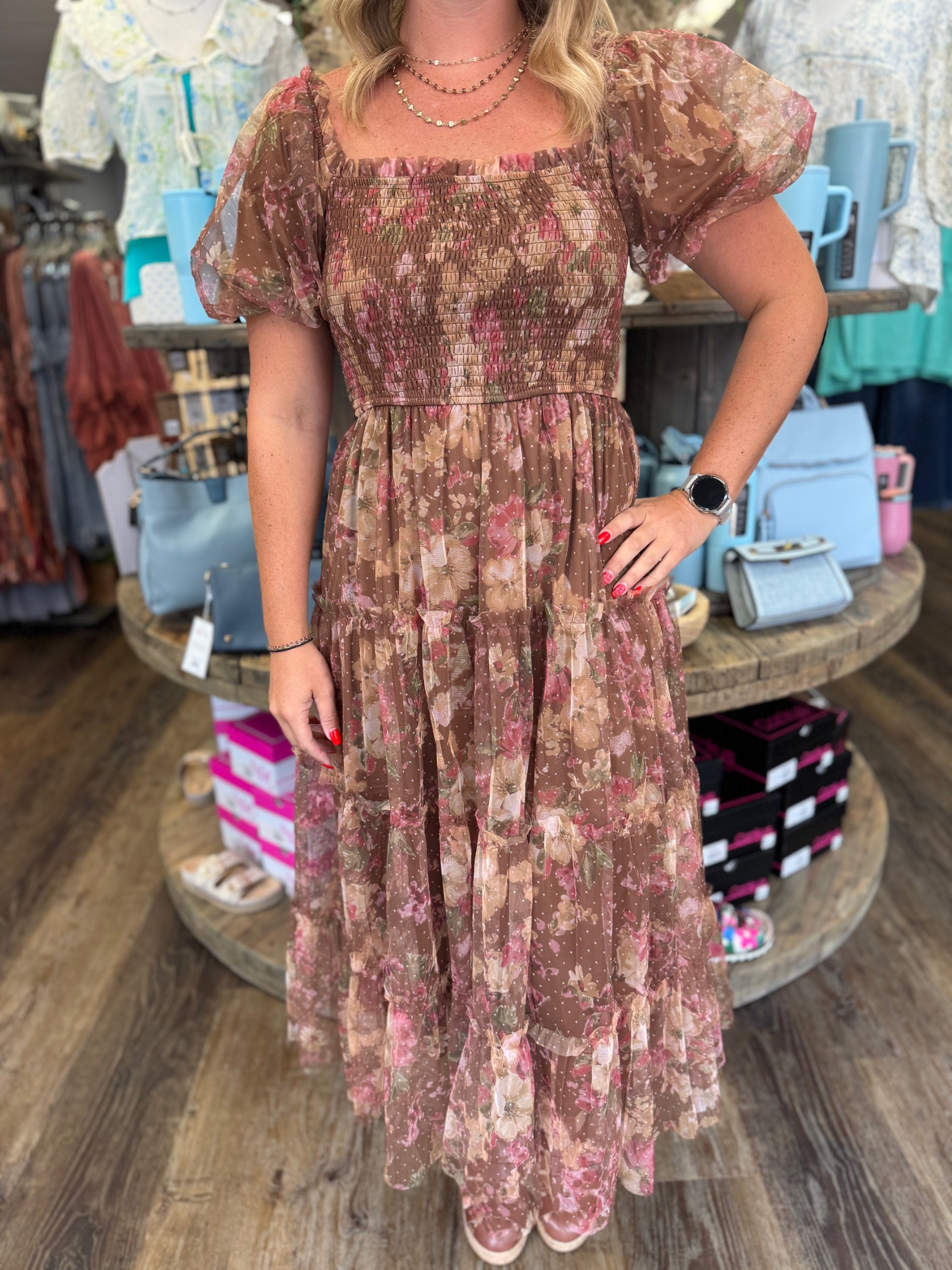 Blu Pepper- Floral Polka Dot Ruffle Dress